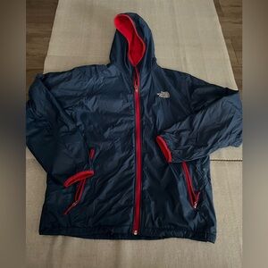 [M]The North Face Men's Navy Nylon Jacket with Red Fleece Lining Vintage